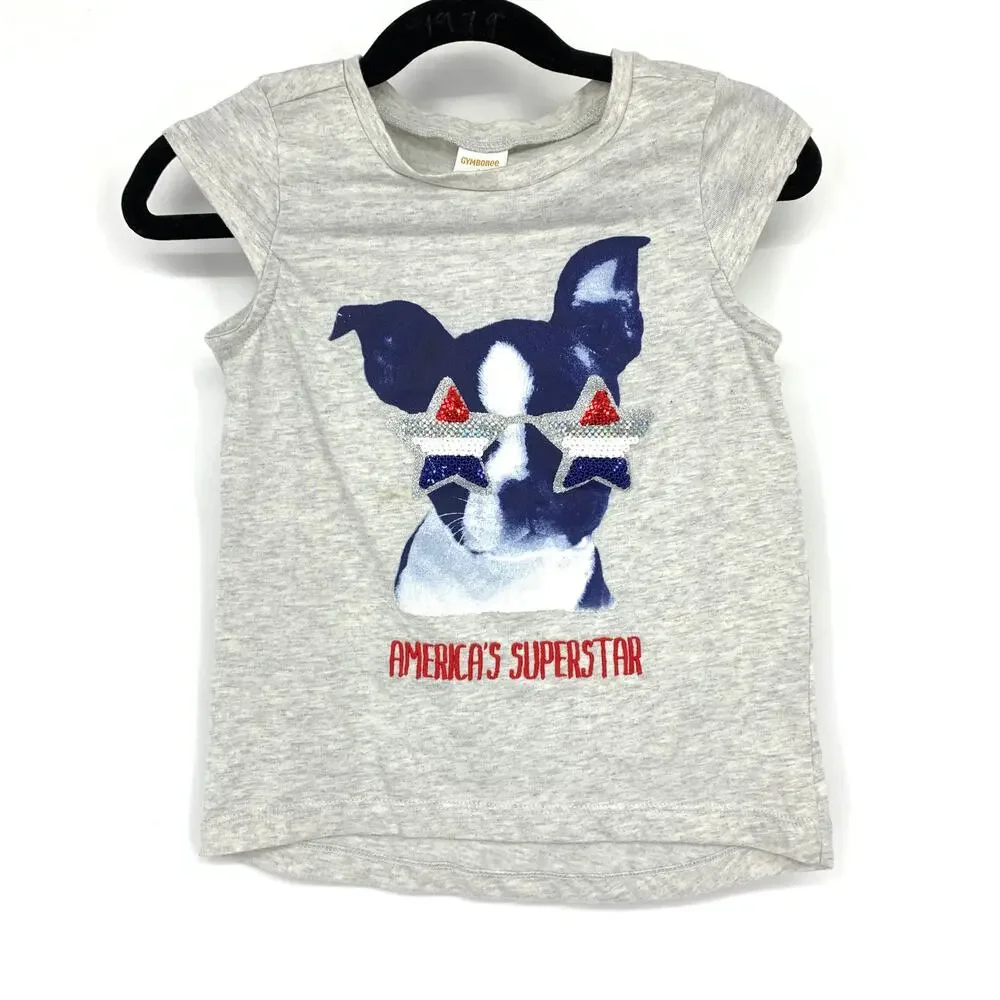 Gymboree Cap Sleeve American's Superstar Dog Print Patriotic Tee Girls Sz 4 Gray